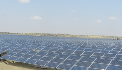 Solar power is the conversion of renewable energy from sunlight into electricity this plant is in Rajasthan, India