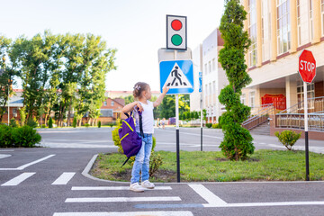 a schoolgirl girl crosses the road on a zebra near the road sign pedestrian crossing going to school with a backpack the concept of traffic rules