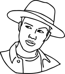 Handsome man wear stylish hat. Friendly face portrait. Street urban fashion for hipster, model, student, young, adult. Hand drawn retro vintage illustration. Old style comic cartoon drawing.