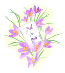 Greeting card with good wishes and a bouquet of light purple crocuses on a light background