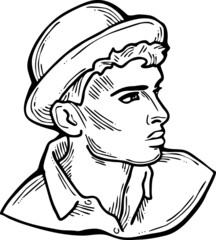 Handsome man wear stylish cap. Friendly face portrait. Street urban fashion for hipster, model, student, young, adult. Hand drawn retro vintage vector illustration. Old style comic cartoon drawing.