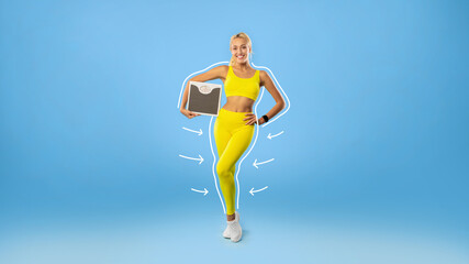 Collage with young blonde woman in sportswear holding scales, achieving her slimming goal, keeping...