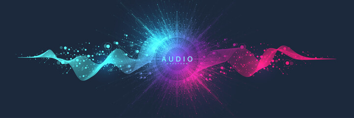 Music poster. Sound music wave visualiztion with warped waveform. 3D sound solid waveform design.