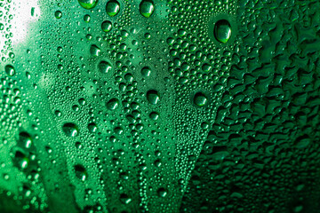 Green water drops on the surface of the bottle