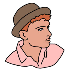 Handsome man wear stylish hat. Friendly face portrait. Street urban fashion for hipster, model, student, young, adult. Hand drawn retro vintage illustration. Old style comic cartoon drawing.