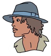 Handsome black man wear stylish hat. Friendly face portrait. Street urban fashion for hipster, model, student, young, adult. Hand drawn retro vintage illustration. Old style comic cartoon drawing.