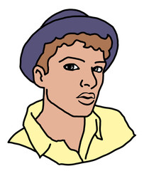 Handsome man wear stylish hat. Friendly face portrait. Street urban fashion for hipster, model, student, young, adult. Hand drawn retro vintage illustration. Old style comic cartoon drawing.