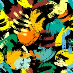 Fotobehang seamless background pattern, with stripes, paint strokes and splashes, on black © Kirsten Hinte