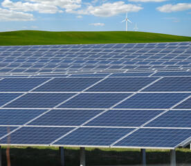 Rows of solar panels, wind turbine and green nature