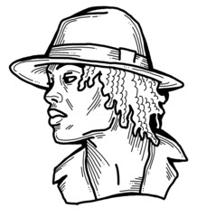 Handsome black man wear stylish hat. Friendly face portrait. Street urban fashion for hipster, model, student, young, adult. Hand drawn retro vintage illustration. Old style comic cartoon drawing.