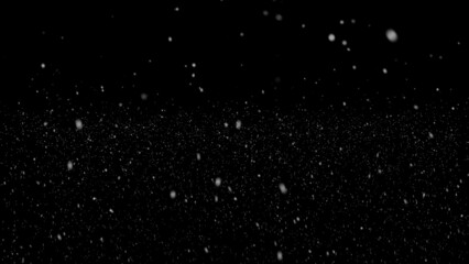 snowfall drops on black background. Falling real snowflakes shot on black background, matte, wide angle, animation with start and end, isolated, perfect for digital composition