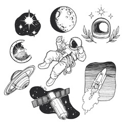 Vector set of hand drawn illustrations on space theme. Sketches with astronaut, planet, spaceship, satellite for sticker or tattoo design. © mashikomo