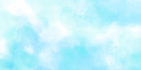 Fototapeta premium Blue watercolor sky background illustration. Abstract hand paint splash stain backdrop banner. Abstract light blue watercolor sky for background. Soft clouds in blue sky watercolor background. 