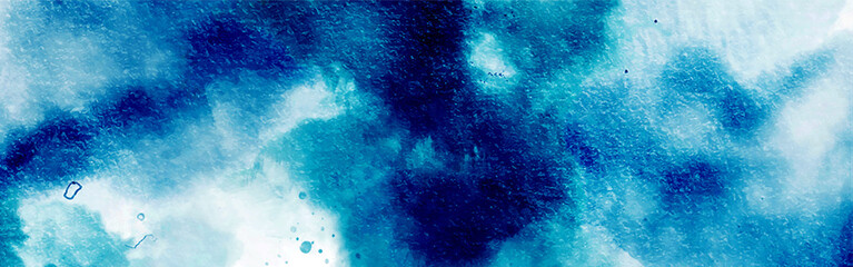 Abstract dark blue watercolor painted sky mottled blue background with vintage marbled textured design on cloudy sky blue banner panoramic background. Soft clouds in blue sky watercolor background.