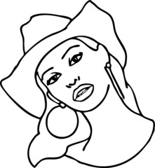 Beautiful sexy lady wear sun hat. Attractive woman dress had clothes for happy holiday. Cartoon character face portrait. Hand drawn retro vintage boho vector illustration. Simple colorful line drawing