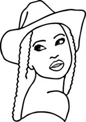 Beautiful sexy black African lady wear sun hat. Attractive woman dress had clothes for happy holiday. Cartoon character face portrait. Hand drawn vintage vector illustration. Old style comic drawing.