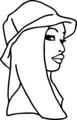Beautiful sexy black African lady wear sun hat. Attractive woman dress had clothes for happy holiday. Cartoon character face portrait. Hand drawn vintage vector illustration. Old style comic drawing.