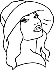 Beautiful sexy lady wear sun hat. Attractive woman dress had clothes for happy holiday. Cartoon character face portrait. Hand drawn retro vintage boho vector illustration. Simple colorful line drawing