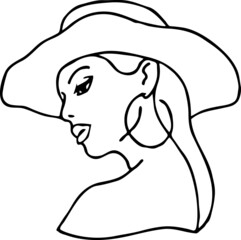 Beautiful sexy lady wear sun hat. Attractive woman dress had clothes for happy holiday. Cartoon character face portrait. Hand drawn retro vintage boho vector illustration. Simple colorful line drawing