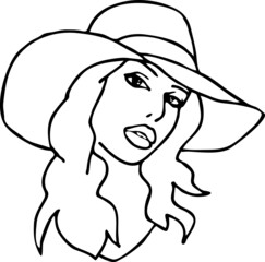 Beautiful sexy lady wear sun hat. Attractive woman dress had clothes for happy holiday. Cartoon character face portrait. Hand drawn retro vintage boho vector illustration. Simple colorful line drawing