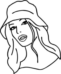 Beautiful sexy lady wear sun hat. Attractive woman dress had clothes for happy holiday. Cartoon character face portrait. Hand drawn retro vintage boho vector illustration. Simple colorful line drawing