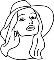 Beautiful sexy lady wear sun hat. Attractive woman dress had clothes for happy holiday. Cartoon character face portrait. Hand drawn retro vintage boho vector illustration. Simple colorful line drawing