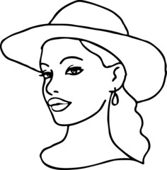 Beautiful sexy lady wear sun hat. Attractive woman dress had clothes for happy holiday. Cartoon character face portrait. Hand drawn retro vintage boho vector illustration. Simple colorful line drawing
