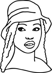 Beautiful sexy black African lady wear sun hat. Attractive woman dress had clothes for happy holiday. Cartoon character face portrait. Hand drawn vintage vector illustration. Old style comic drawing.