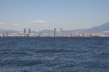 View of the business district of the city from the sea