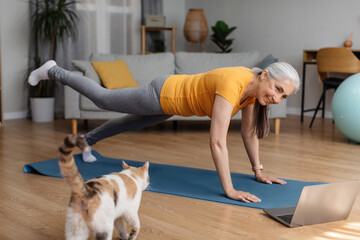 Online domestic sports. Active senior woman exercising to video on laptop, doing plank at home
