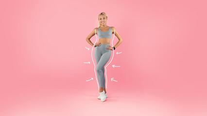 Young blonde lady in sports outfit showing attractive body on pink background, colage with weight...