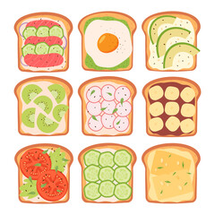 Healthy toast with vegetables, fruits, cheese and fish