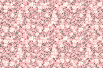 Seamless floral pattern in pale coral pink, gray and off-white. 