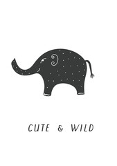 Baby elephant. Animal nursery poster. Monochrome black and white vector illustration.