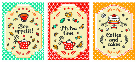 Cafe poster set with teapot cup cake and candies