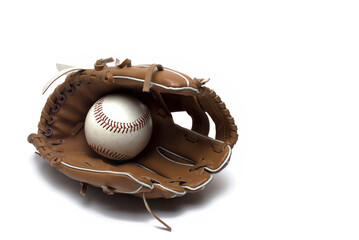 Closeup brown leather baseball glove ball stitching