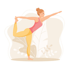 Vector illustration, young woman doing yoga or gymnastics, dandayamana dhanurasana pose