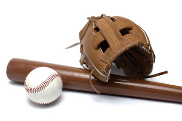 baseball equipment glove ball bat white background