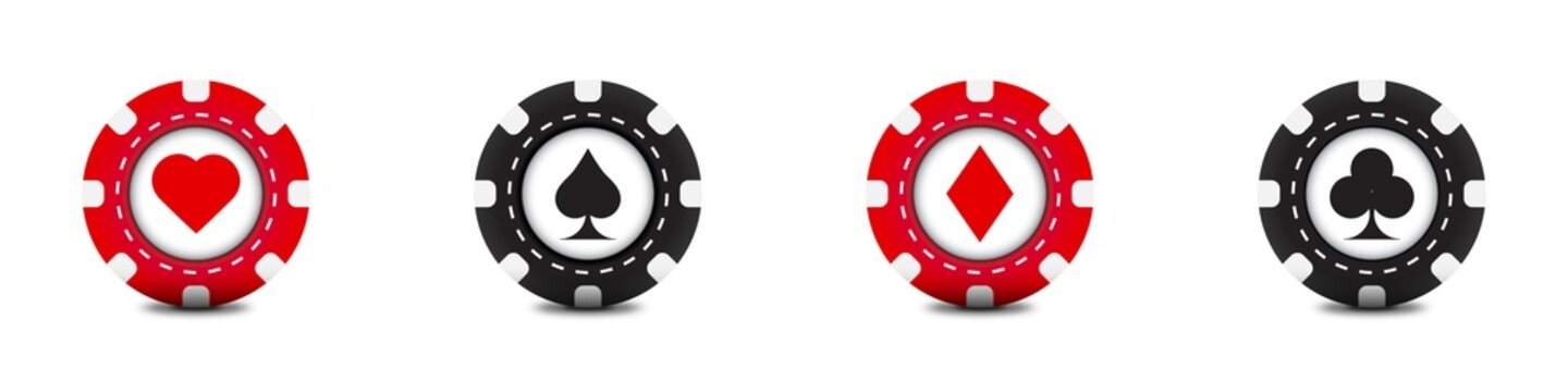 Set of gambling poker chips. Casino chips. Red and black design with shadows under it. Flat vector illustration.