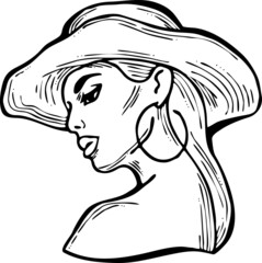Beautiful sexy lady wear sun hat. Attractive woman dress had clothes for happy holiday. Cartoon character face portrait. Hand drawn retro vintage boho vector illustration. Old style line drawing.