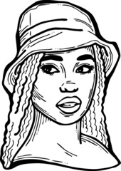 Beautiful sexy black African lady wear sun hat. Attractive woman dress had clothes for happy holiday. Cartoon character face portrait. Hand drawn vintage vector illustration. Old style comic drawing.
