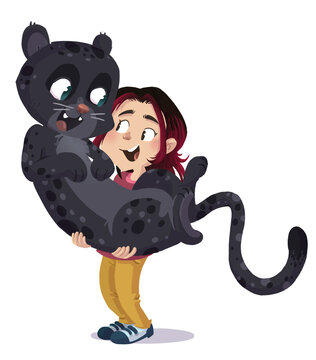 Illustration of a little girl with a black panther in her arms