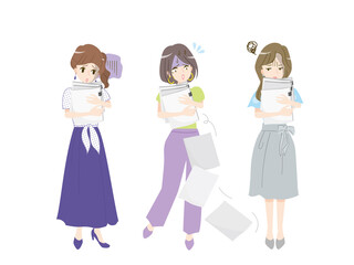 沢山の紙の資料を持った疲れた顔のビジネスウーマンのイラスト素材セット