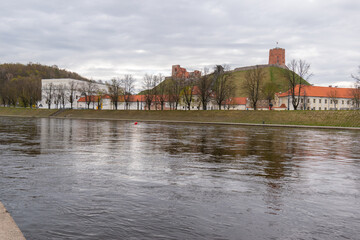 Gediminas tower and the old arsenal view accros the river Neris, Vilnius, Lithuania.