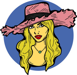 Beautiful sexy lady wear sun hat. Attractive woman dress had clothes for happy holiday. Cartoon character face portrait. Hand drawn retro vintage boho vector illustration. Old style cartoon drawing.