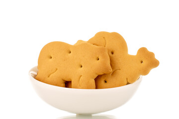 Several zoological biscuits in a white ceramic saucer, macro, isolated on a white background.