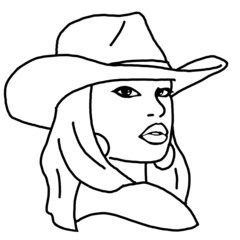 Beautiful sexy Asian lady wear sun hat. Attractive woman dress had clothes for happy holiday. Cartoon character face portrait. Hand drawn retro vintage boho illustration. Simple line drawing.