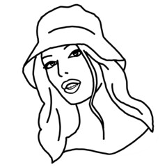 Beautiful sexy lady wear sun hat. Attractive woman dress had clothes for happy holiday. Cartoon character face portrait. Hand drawn retro vintage boho illustration. Simple colorful line drawing.