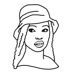 Beautiful sexy black African lady wear sun hat. Attractive woman dress had clothes for happy holiday. Cartoon character face portrait. Hand drawn retro vintage illustration. Old style comic drawing.