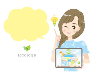 タブレットの画面を見せてIOTについて説明する女性と吹き出しのイラスト素材